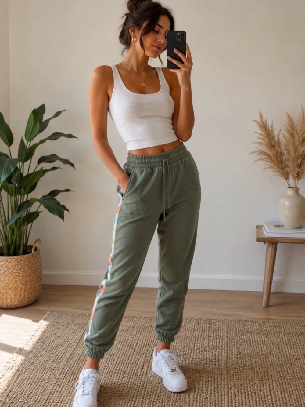 PJ Salvage Modal Olive Green Jogger Sweatpants Embroidered Trim Sz S